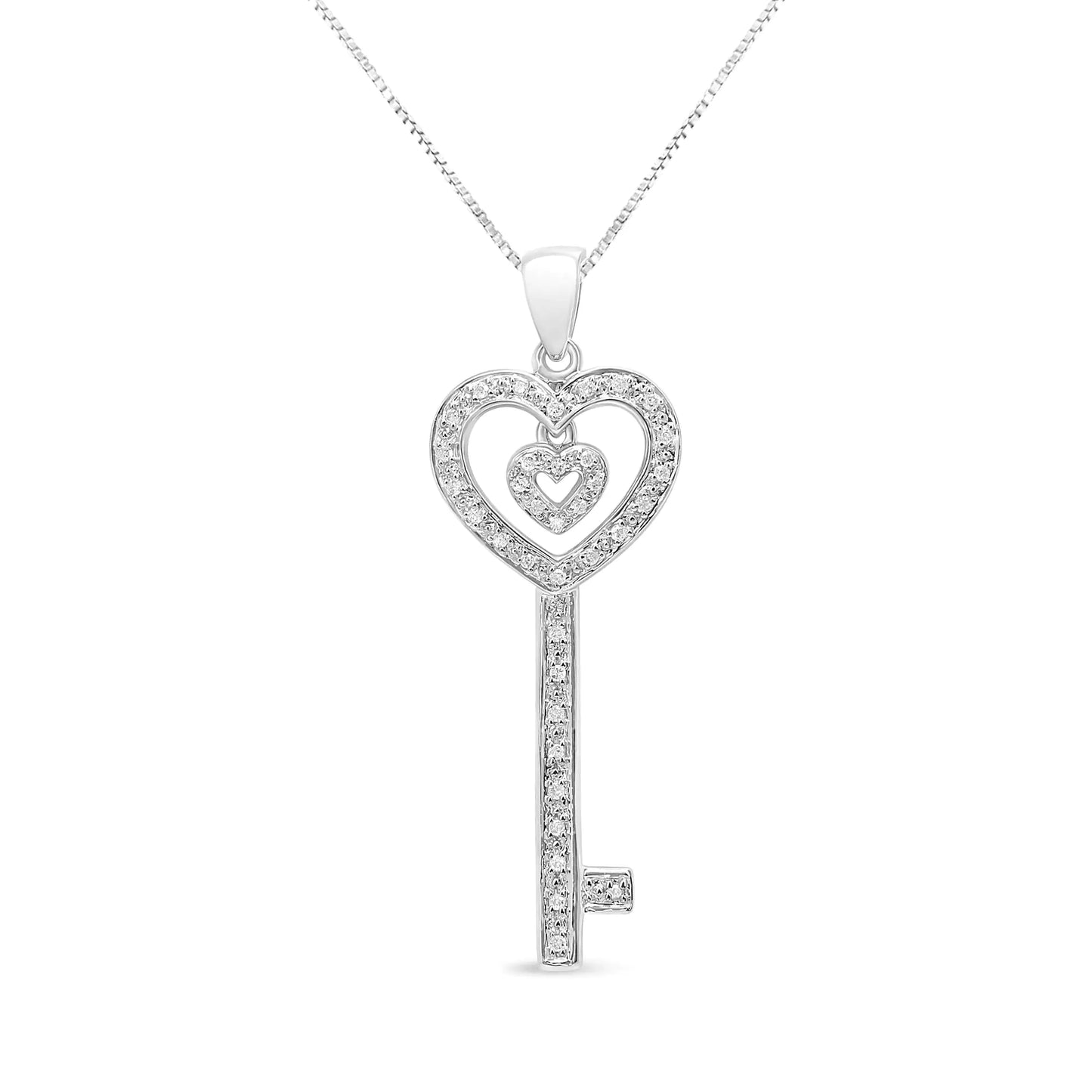 .925 Sterling Silver 1/5 Cttw Round - Cut Diamond Double Heart & Key 18" Pendant Necklace (I - J Color, I3 Clarity) - myetyn