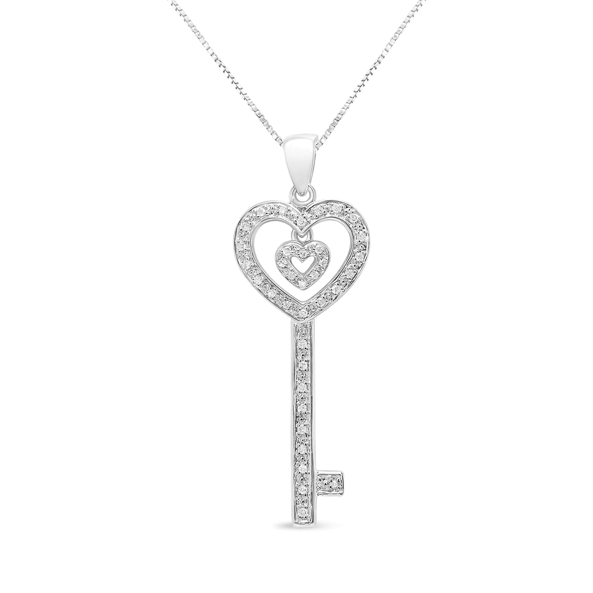 .925 Sterling Silver 1/5 Cttw Round - Cut Diamond Double Heart & Key 18" Pendant Necklace (I - J Color, I3 Clarity) - myetyn