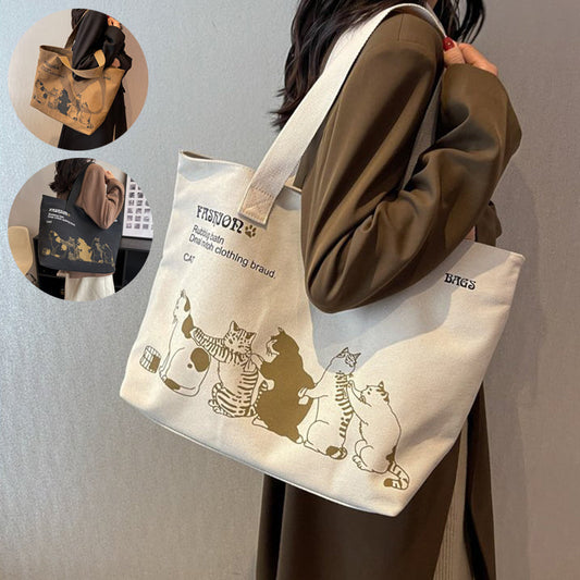 Cute Cartoon Cat Printed Canvas Bag Large Capacity Fashion Shopping Shoulder Bag Student Campus Handbag myETYN