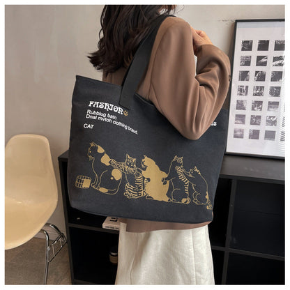 Cute Cartoon Cat Printed Canvas Bag Large Capacity Fashion Shopping Shoulder Bag Student Campus Handbag myETYN