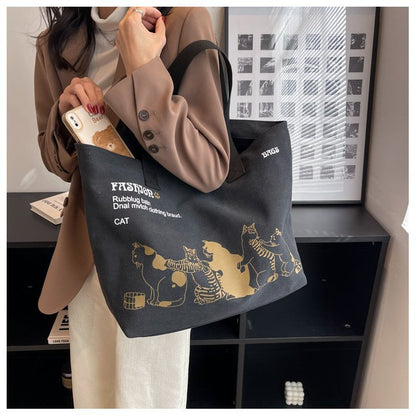 Cute Cartoon Cat Printed Canvas Bag Large Capacity Fashion Shopping Shoulder Bag Student Campus Handbag myETYN