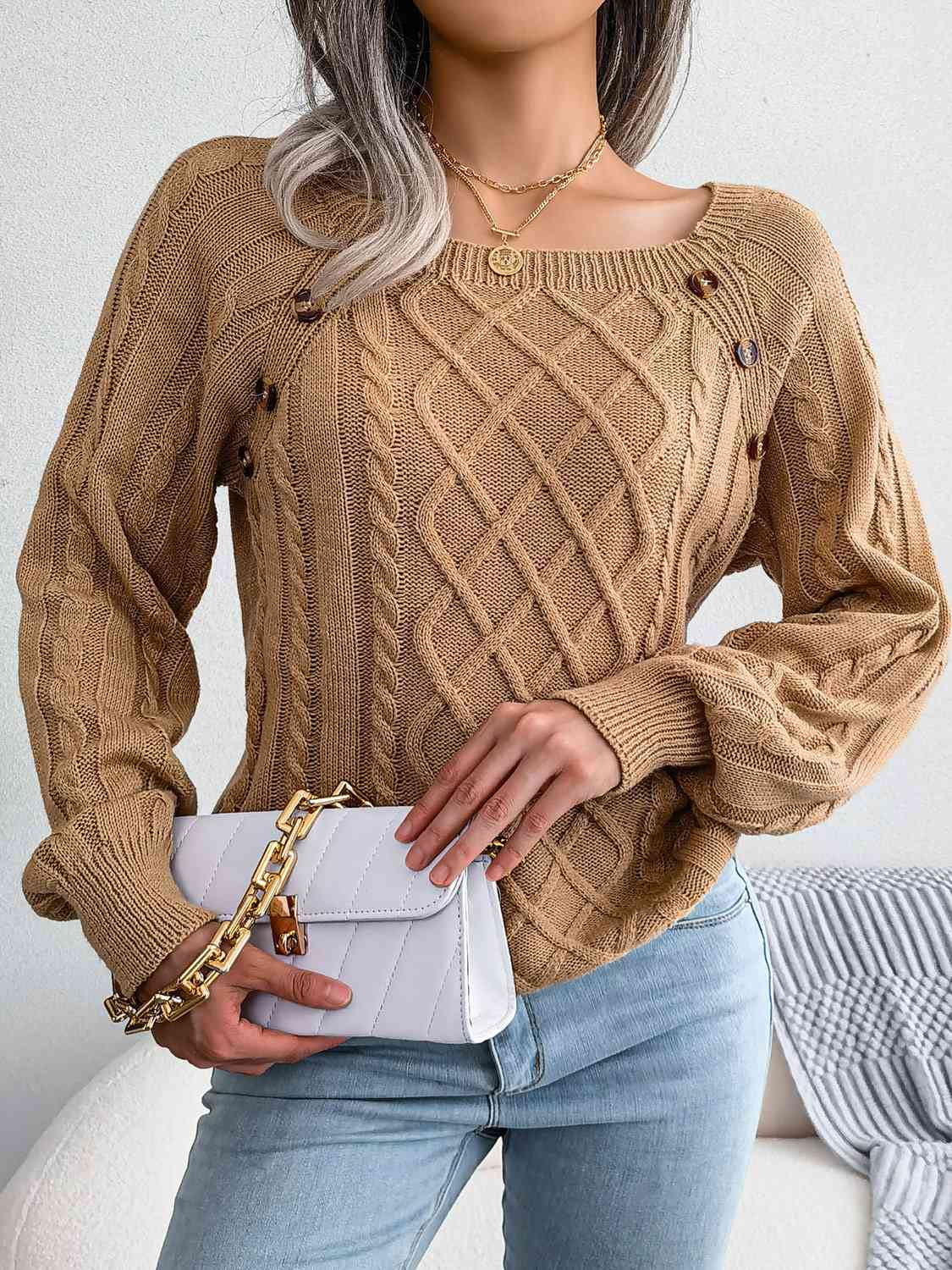 Decorative Button Cable-Knit Sweater myETYN