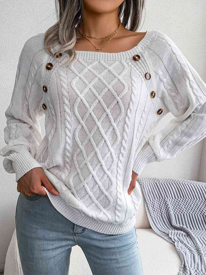 Decorative Button Cable-Knit Sweater myETYN