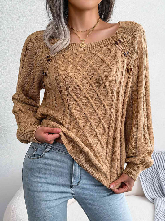 Decorative Button Cable-Knit Sweater myETYN