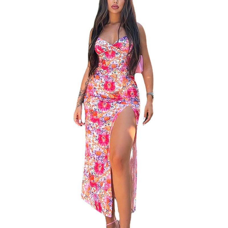 Digitally Printed V-neck Long Slit Suspender Dress myETYN