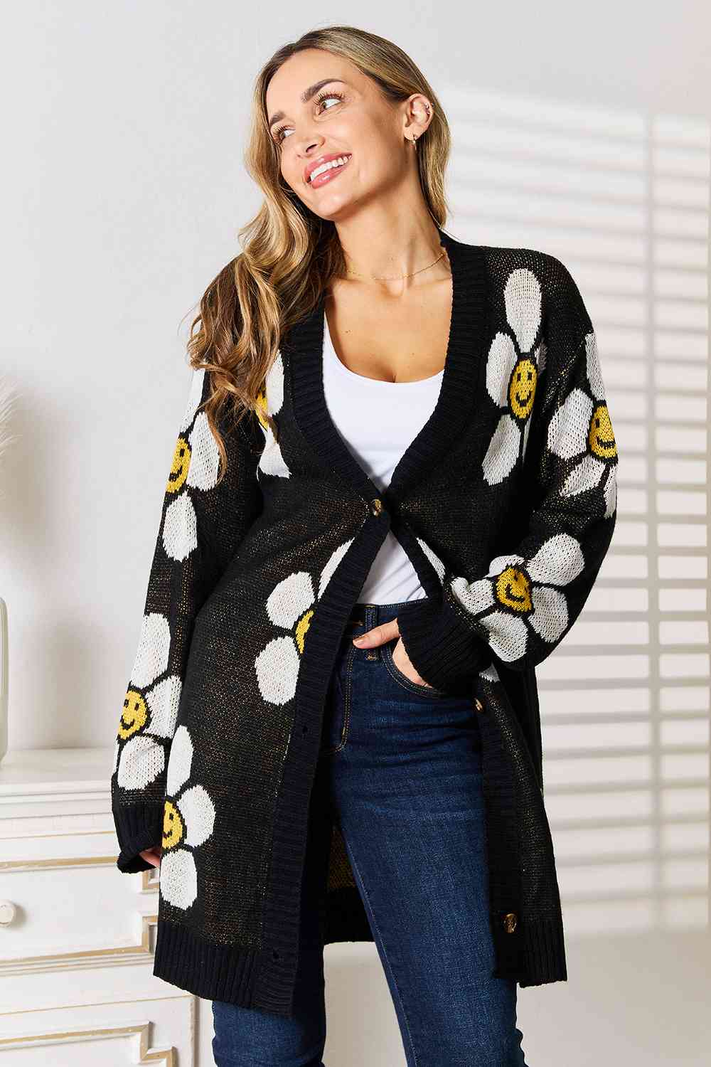 Double Take Floral Button Down Longline Cardigan myETYN