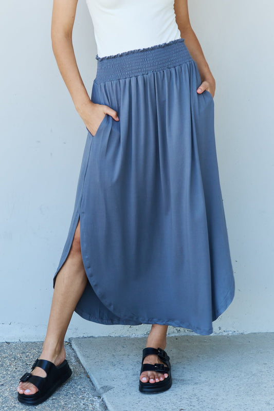 Doublju Comfort Princess Full Size High Waist Scoop Hem Maxi Skirt in Dusty Blue myETYN