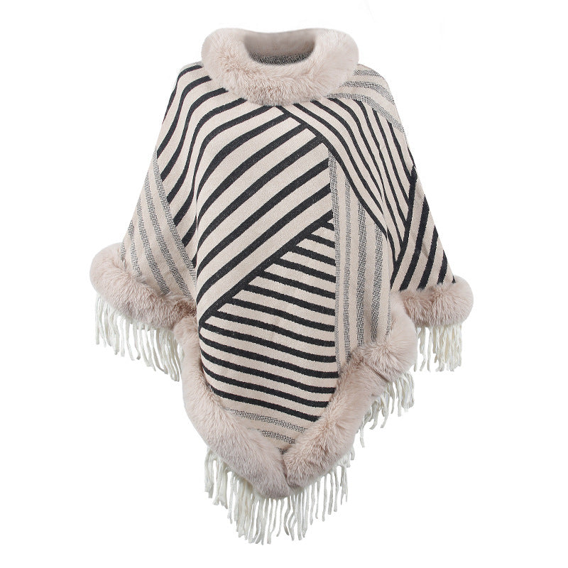 Drizzling Fur Collar Pullover Tassel Knitted Cape For Women myETYN