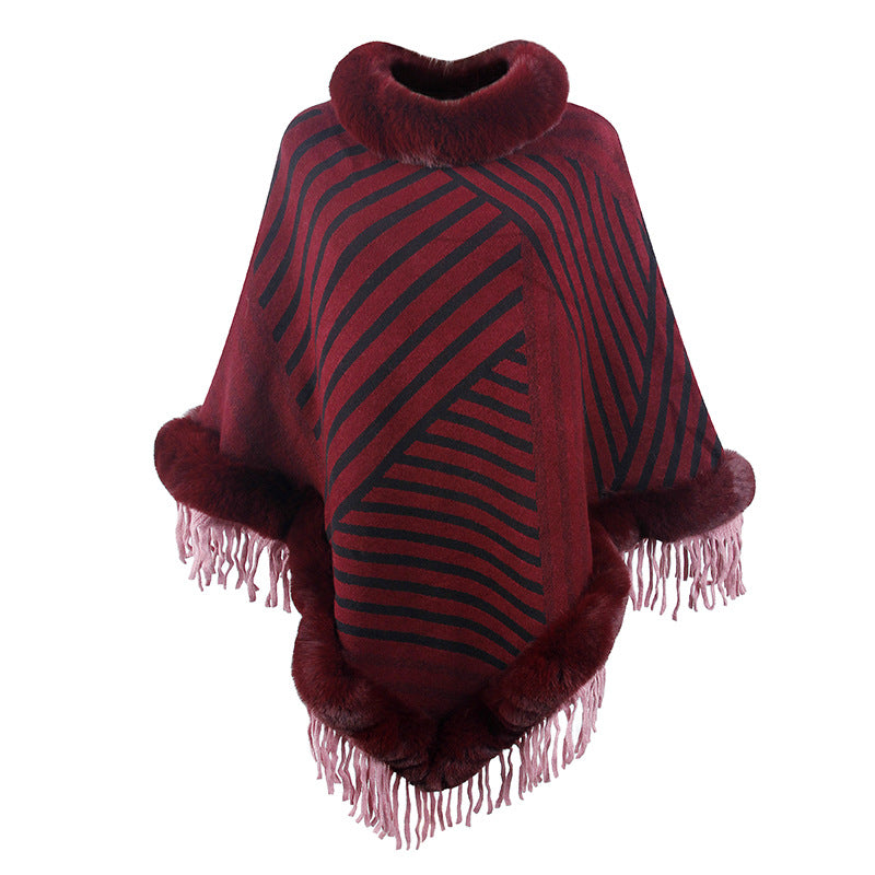 Drizzling Fur Collar Pullover Tassel Knitted Cape For Women myETYN