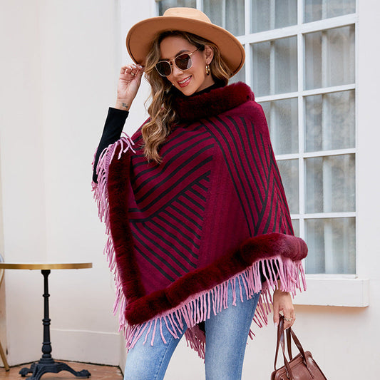 Drizzling Fur Collar Pullover Tassel Knitted Cape For Women myETYN