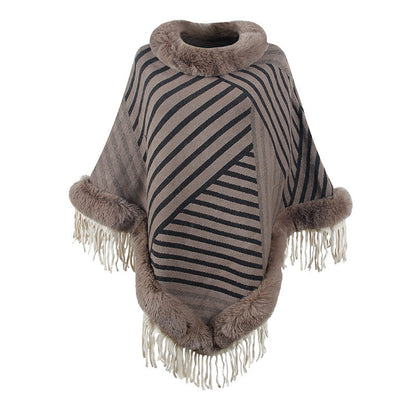 Drizzling Fur Collar Pullover Tassel Knitted Cape For Women myETYN