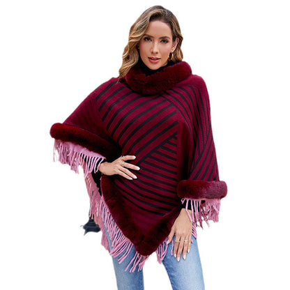 Drizzling Fur Collar Pullover Tassel Knitted Cape For Women myETYN