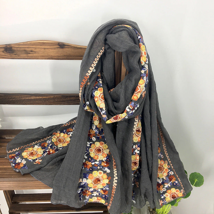 Embroidered Cotton And Linen Scarf Shawl myETYN