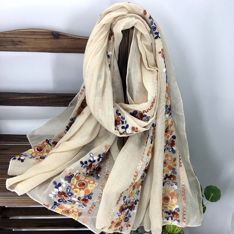 Embroidered Cotton And Linen Scarf Shawl myETYN