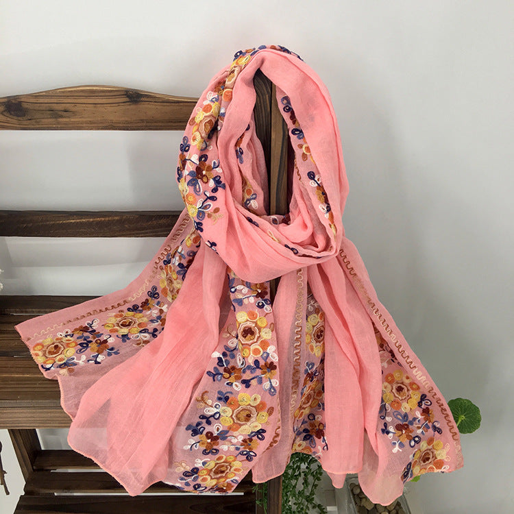 Embroidered Cotton And Linen Scarf Shawl myETYN