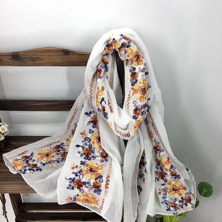 Embroidered Cotton And Linen Scarf Shawl myETYN