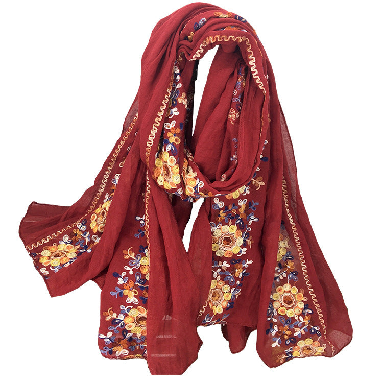 Embroidered Cotton And Linen Scarf Shawl myETYN