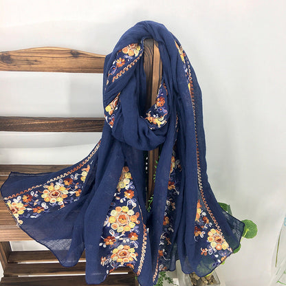 Embroidered Cotton And Linen Scarf Shawl myETYN