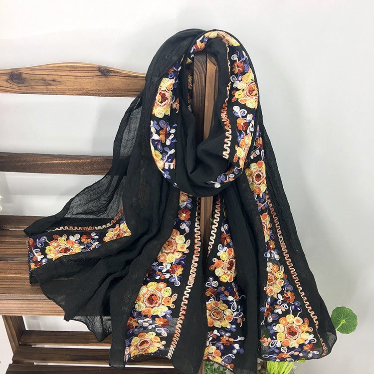 Embroidered Cotton And Linen Scarf Shawl myETYN