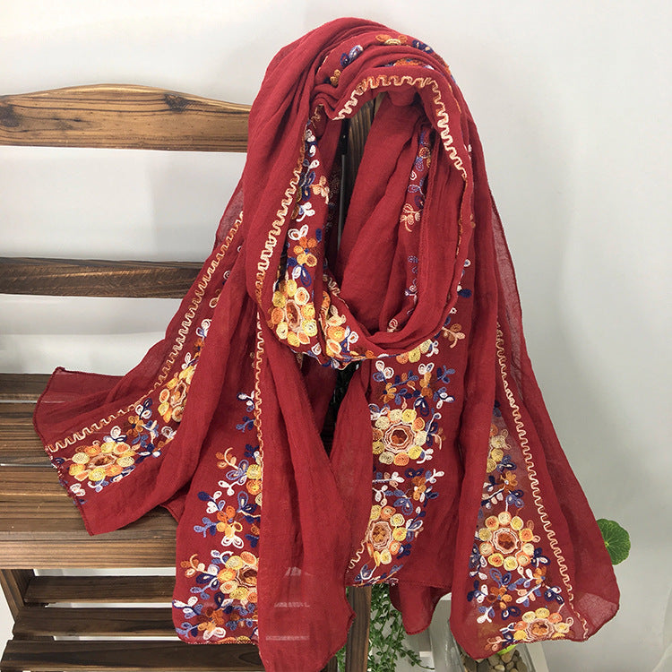 Embroidered Cotton And Linen Scarf Shawl myETYN