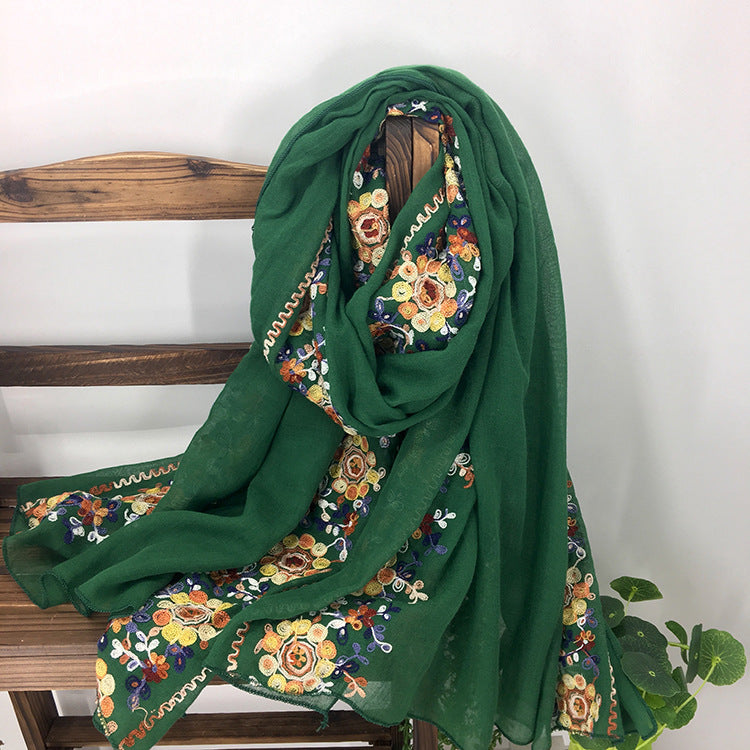 Embroidered Cotton And Linen Scarf Shawl myETYN