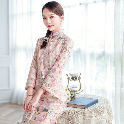 Embroidered Sequins Vintage Standing Neck Cheongsam myETYN