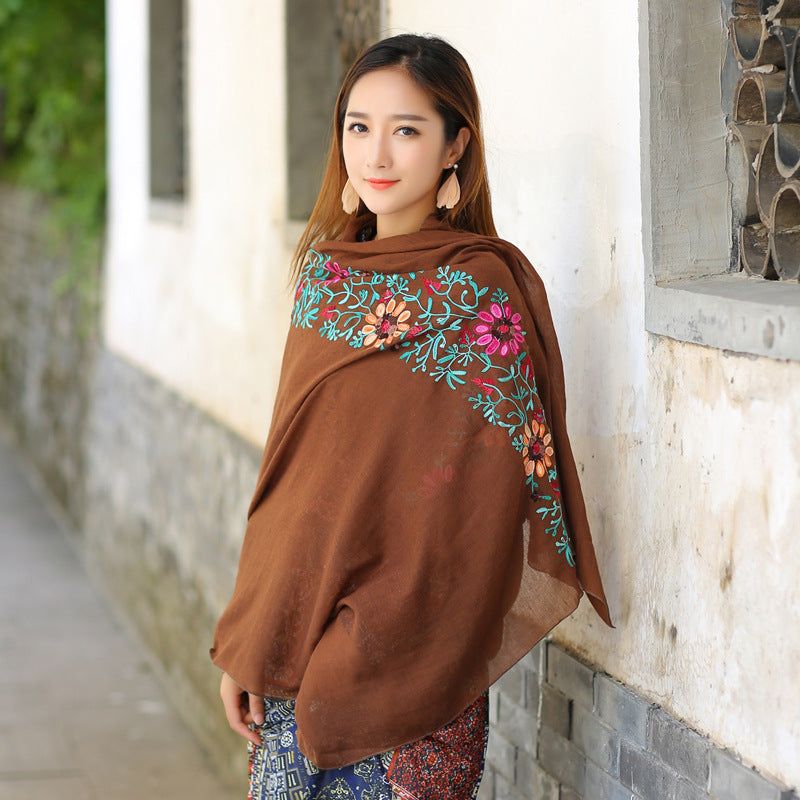 Ethnic Style Embroidered Floral Scarf Shawl Sunscreen Silk Female myETYN