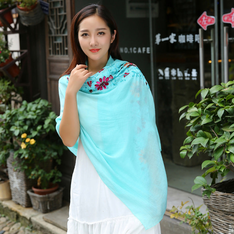 Ethnic Style Embroidered Floral Scarf Shawl Sunscreen Silk Female myETYN