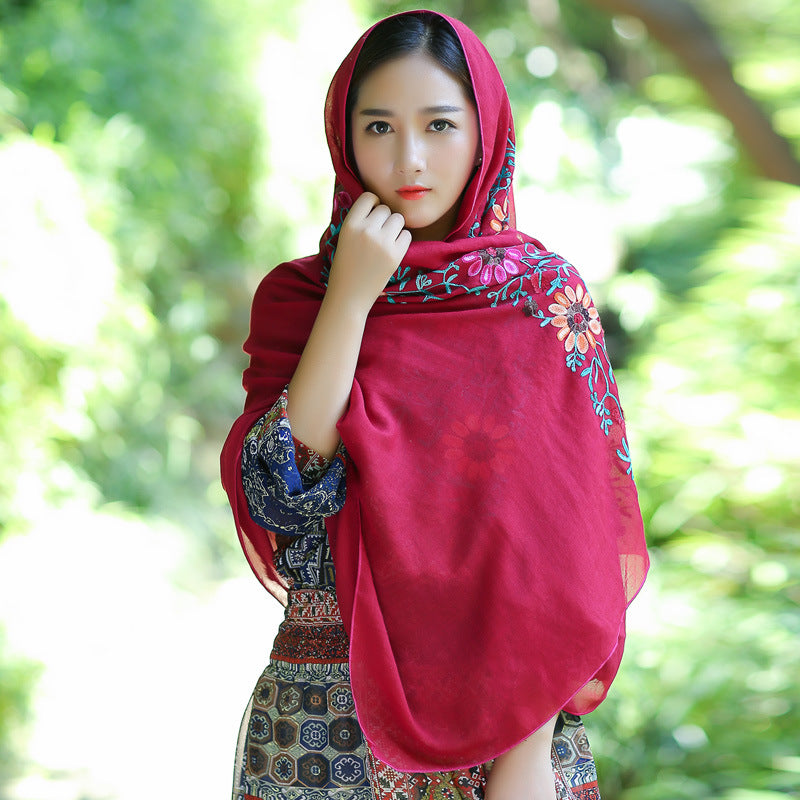 Ethnic Style Embroidered Floral Scarf Shawl Sunscreen Silk Female myETYN