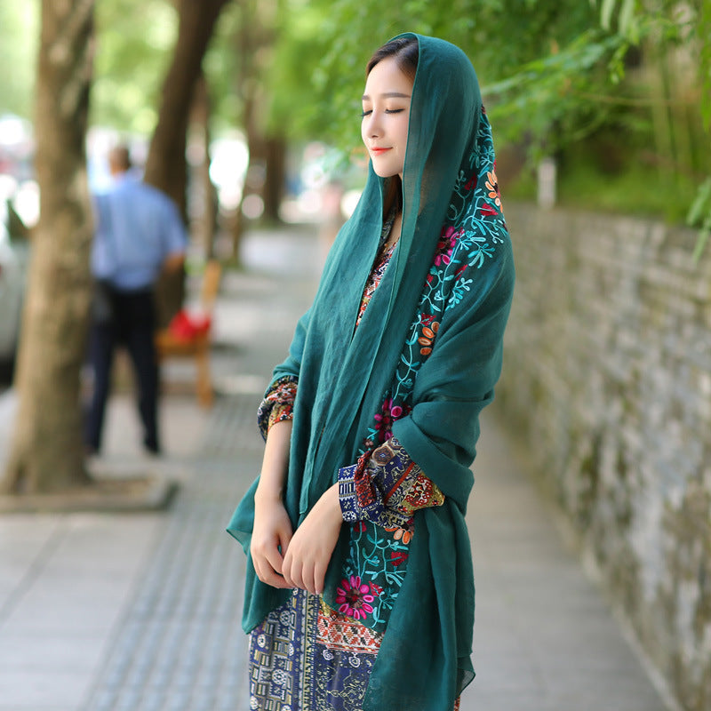 Ethnic Style Embroidered Floral Scarf Shawl Sunscreen Silk Female myETYN