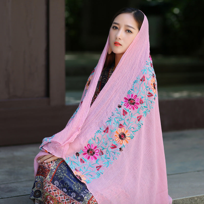 Ethnic Style Embroidered Floral Scarf Shawl Sunscreen Silk Female myETYN