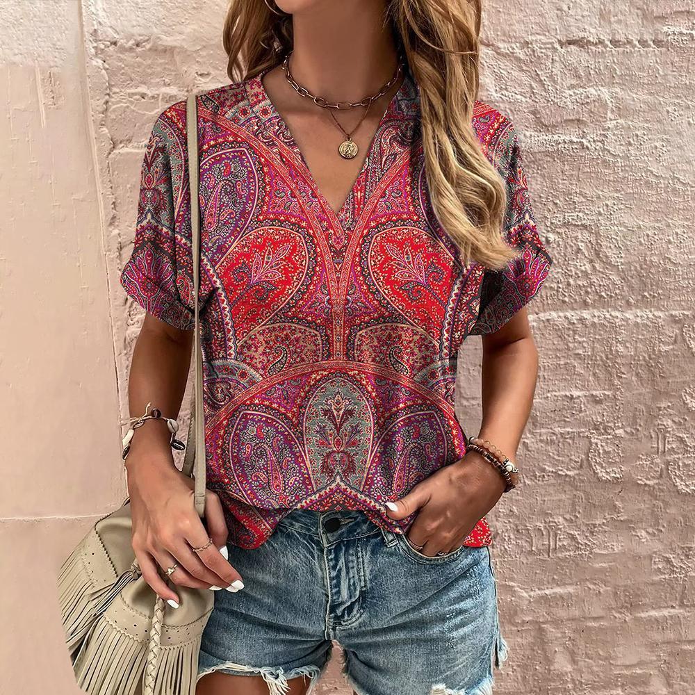 Ethnic V-Neck Printed T-Shirt for a Stylish Summer Look with Short Sleeves myETYN