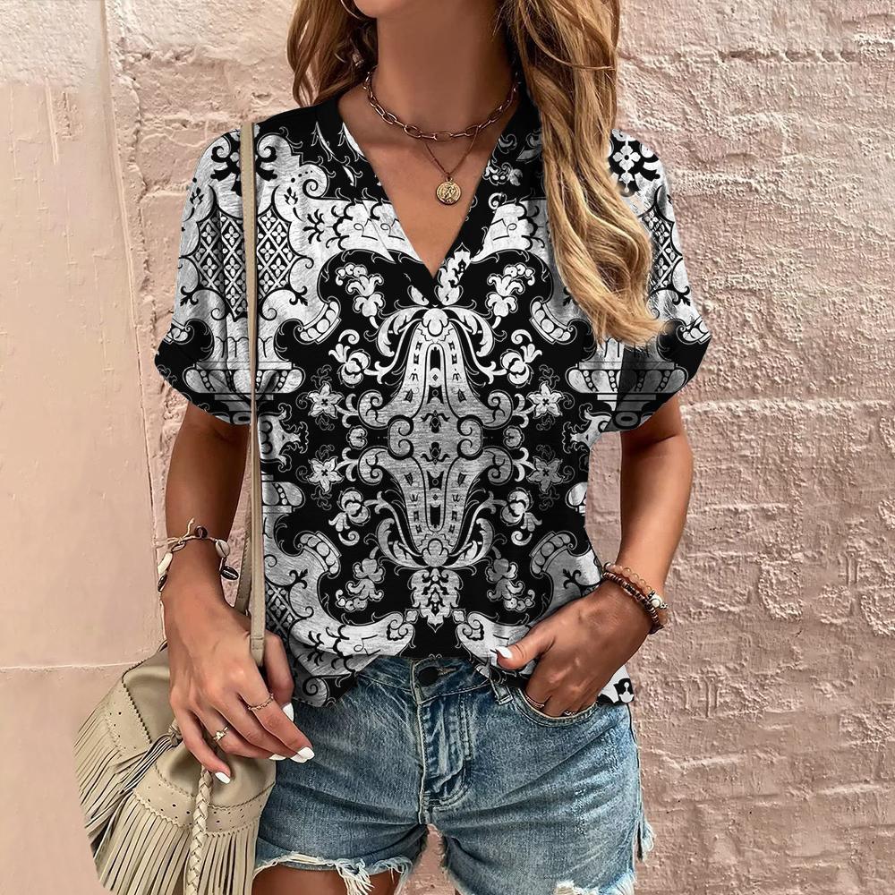 Ethnic V-Neck Printed T-Shirt for a Stylish Summer Look with Short Sleeves myETYN