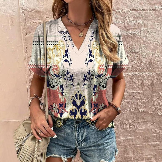 Ethnic V-Neck Printed T-Shirt for a Stylish Summer Look with Short Sleeves myETYN