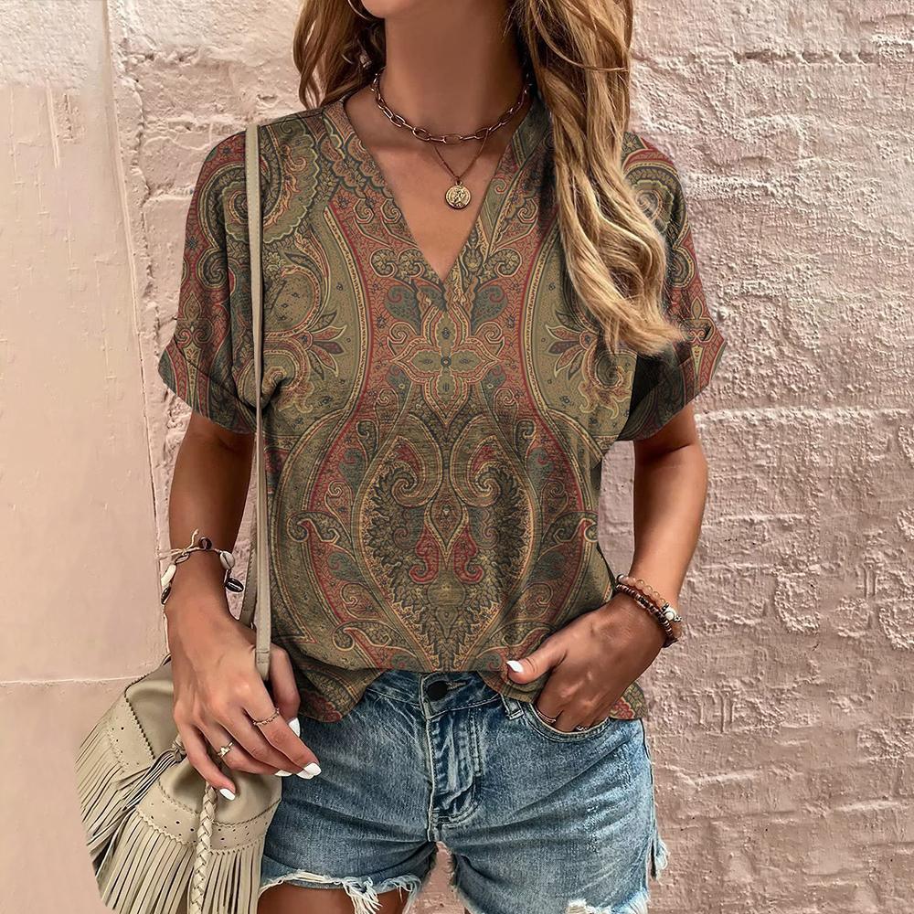 Ethnic V-Neck Printed T-Shirt for a Stylish Summer Look with Short Sleeves myETYN