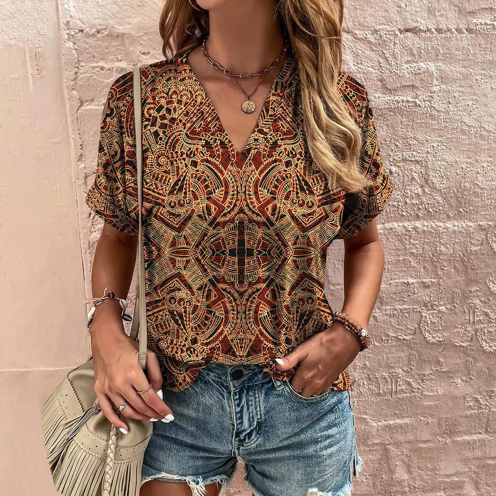 Ethnic V-Neck Printed T-Shirt for a Stylish Summer Look with Short Sleeves myETYN