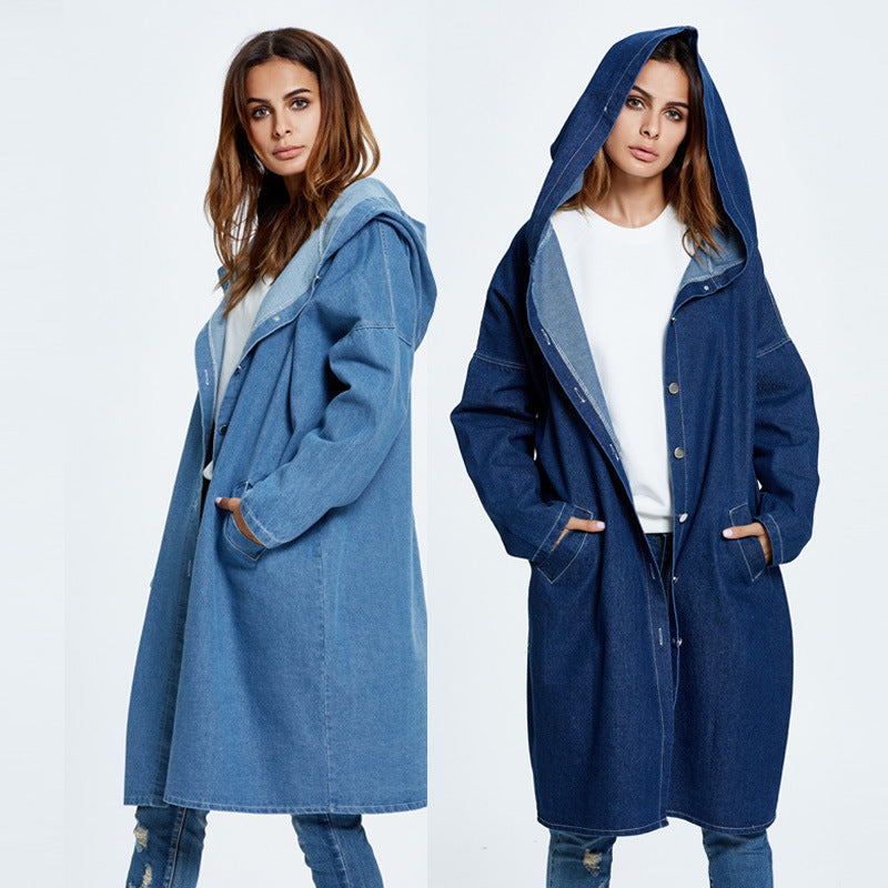 European American Hooded Long Cardigan Denim Jacket Coat myETYN