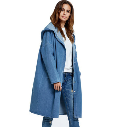 European American Hooded Long Cardigan Denim Jacket Coat myETYN