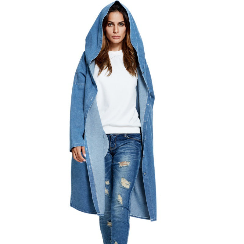 European American Hooded Long Cardigan Denim Jacket Coat myETYN