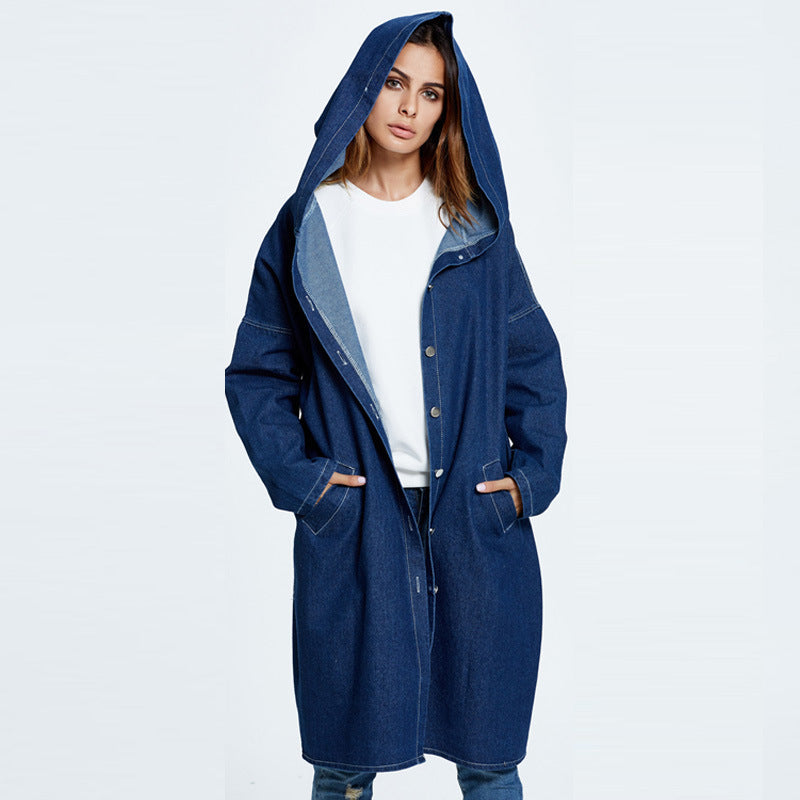 European American Hooded Long Cardigan Denim Jacket Coat myETYN