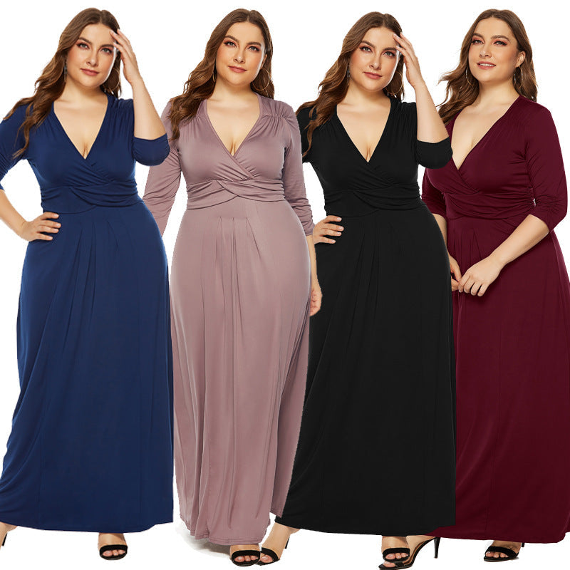 European And American Elegant Deep V-neck Swing Long Dress For Women myETYN