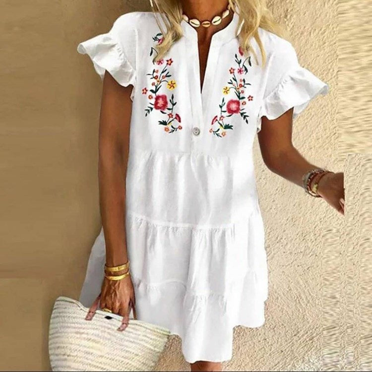 European And American Playful Temperament Printed Fringe V-neck Short Dress myETYN