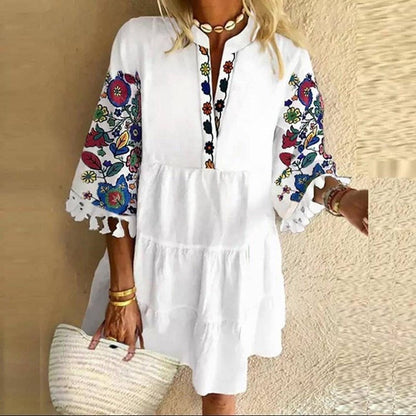 European And American Playful Temperament Printed Fringe V-neck Short Dress myETYN