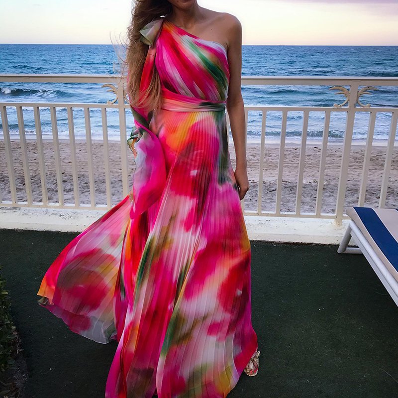 European And American Summer New Fashion Single Room Rainbow Printing Pleat And Waisted Dress myETYN