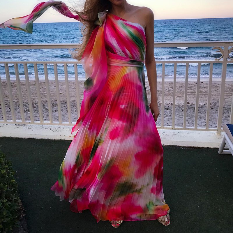 European And American Summer New Fashion Single Room Rainbow Printing Pleat And Waisted Dress myETYN