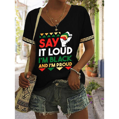 European And American Women's Clothing New Top Loose V-neck Digital Printed Short Sleeve T-shirt myETYN