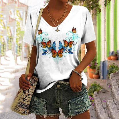 European And American Women's Clothing New Top Loose V-neck Digital Printed Short Sleeve T-shirt myETYN