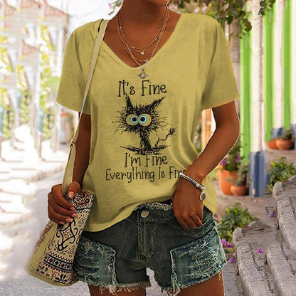 European And American Women's Clothing New Top Loose V-neck Digital Printed Short Sleeve T-shirt myETYN