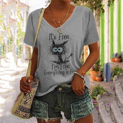 European And American Women's Clothing New Top Loose V-neck Digital Printed Short Sleeve T-shirt myETYN