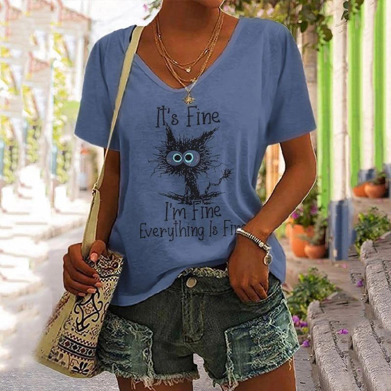 European And American Women's Clothing New Top Loose V-neck Digital Printed Short Sleeve T-shirt myETYN